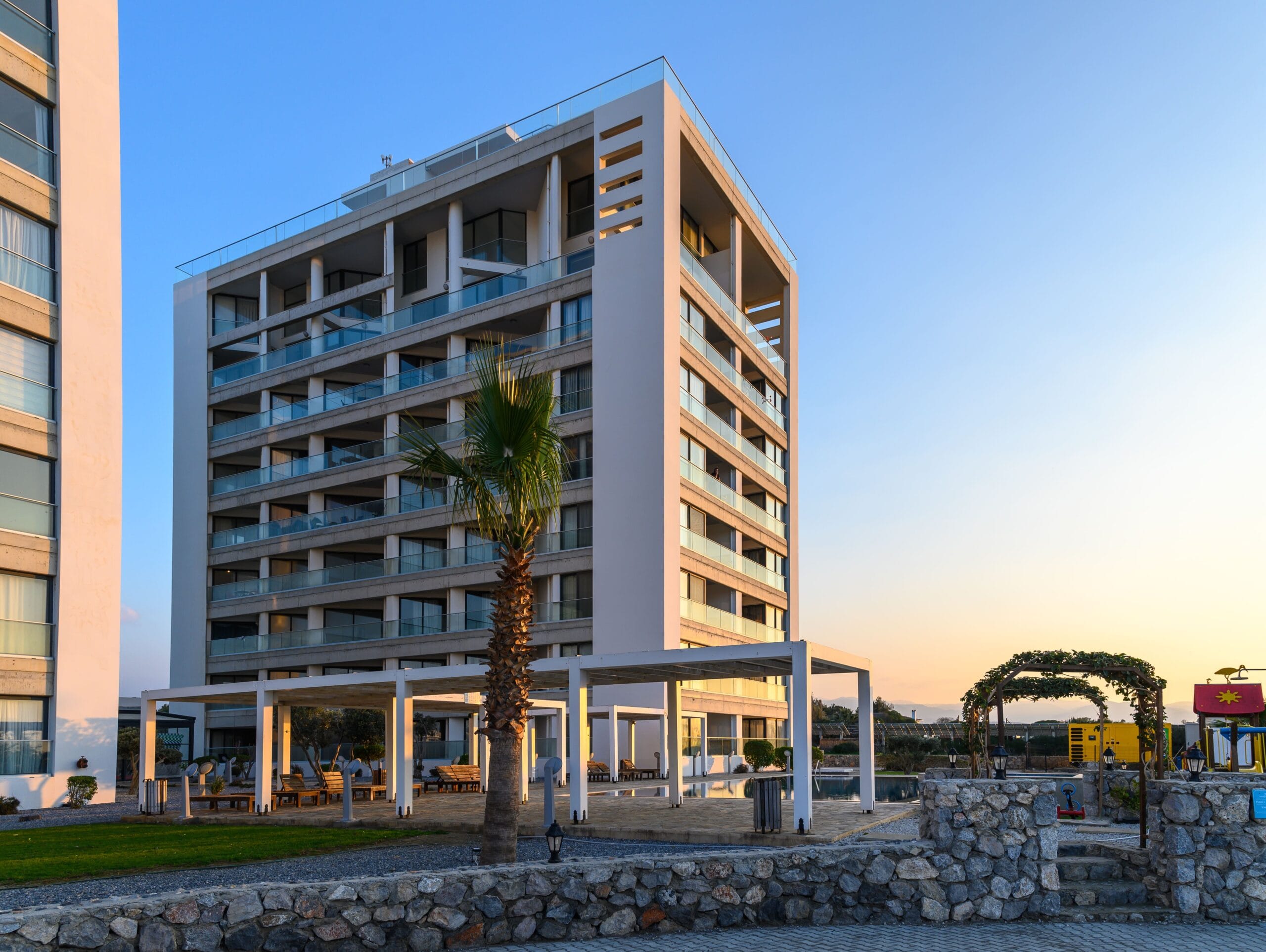 Modern hotel skyline in Al Khobar at sunset